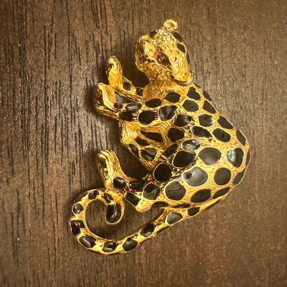 VTG Park Lane Brooch Leopard Jaguar Cat Pin Pendant Black Enamel Gold Crystal - Picture 10 of 15